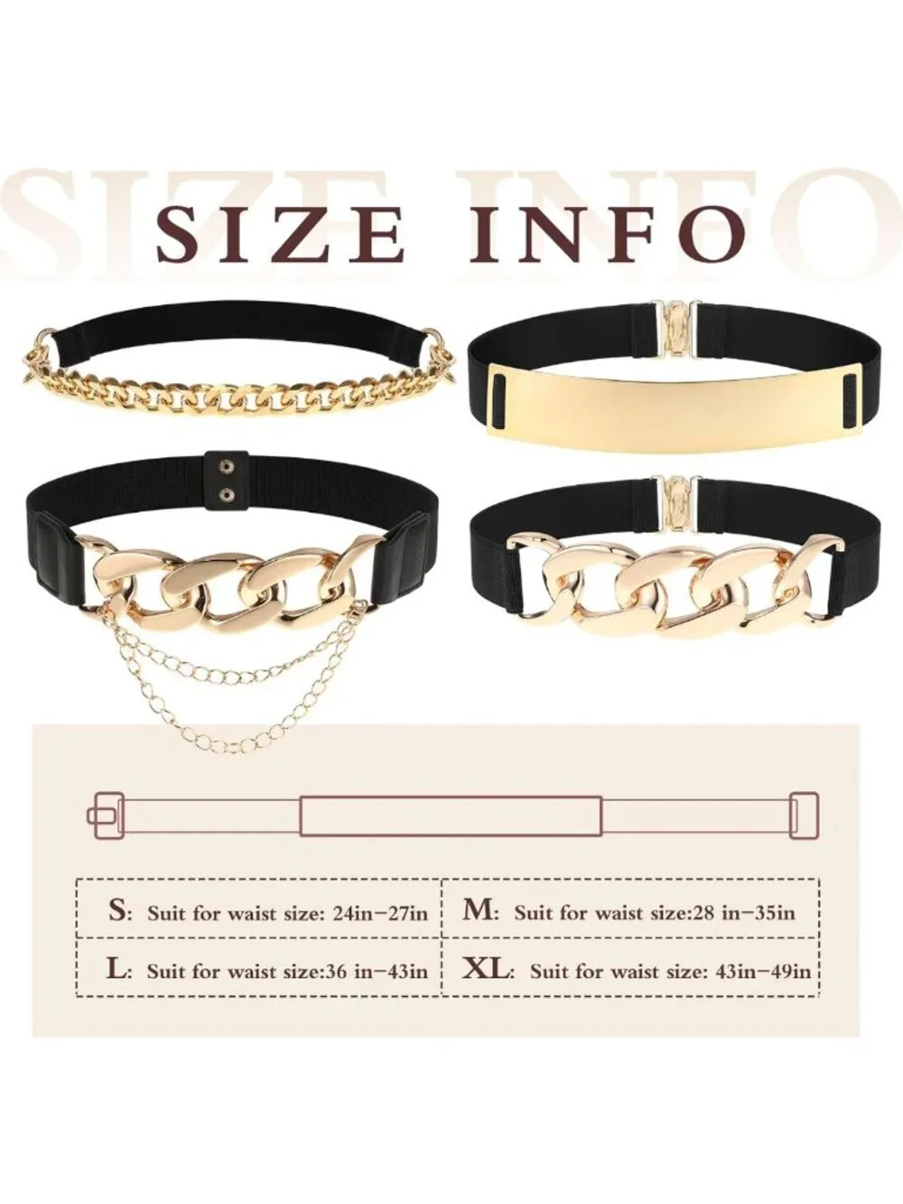 4 Pack Women's Stretch Waist Belts with Gold Buckle - Fashionable Wide Elastic